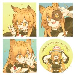 Rule 34 | + +, 1girl, animal ears, arknights, black jacket, blue background, blush, border, cake, cake hat, cake slice, ceobe (arknights), cherry, commentary, confetti, crumbs, dog ears, dog girl, dog tail, doughnut, eating, english commentary, english text, fang, favilia, food, fruit, green background, holding, holding food, ice cream, jacket, licking, licking finger, long hair, long sleeves, looking through doughnut, multicolored clothes, multicolored jacket, multiple views, open mouth, orange eyes, orange hair, simple background, smile, tail, two-tone jacket, white jacket, yellow background