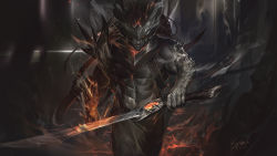 Rule 34 | 1boy, abs, absurdres, armor, black hair, black skin, closed mouth, colored skin, dated, fire, gradient background, helmet, highres, holding, holding sword, holding weapon, league of legends, long hair, looking at viewer, male focus, muscular, muscular male, navel, nightbringer yasuo, red eyes, shoulder armor, signature, solo, spikes, sword, weapon, wutu (1183238220), yasuo (league of legends)