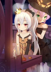 Rule 34 | 2girls, :d, absurdres, azur lane, bad id, bad pixiv id, bare shoulders, bat hair ornament, black choker, black dress, black hat, blush, brick wall, choker, closed mouth, collarbone, commentary request, crown, detached sleeves, dress, glowing, green eyes, hair between eyes, hair ornament, halloween, hands on another&#039;s shoulders, hat, highres, javelin (azur lane), laffey (azur lane), long hair, mini crown, multiple girls, night, night sky, off-shoulder dress, off shoulder, open mouth, orange dress, purple hair, red eyes, sakutaishi, silver hair, single detached sleeve, sitting, sky, smile, standing, star (sky), star (symbol), starry sky, strapless, strapless dress, sweat, tilted headwear, twintails, very long hair, witch hat