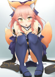 Rule 34 | 10s, 1girl, :o, animal ears, blue thighhighs, breasts, fang, fate/extra, fate (series), fox ears, fox tail, hair between eyes, hands on own knees, highres, large breasts, long hair, looking at viewer, momio, multiple tails, open mouth, panties, pantyshot, pigeon-toed, pink hair, sandals, sidelocks, solo, squatting, tail, tamamo no mae (fate/extra), thighhighs, underwear, white panties, yellow eyes
