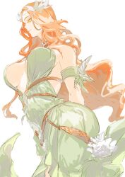 Rule 34 | 1girl, armlet, breasts, circlet, dress, feather hair ornament, feathers, final fantasy, final fantasy xiv, from side, green dress, hair ornament, highres, large breasts, long hair, nophica, ogata tomio, orange hair, profile, revision, simple background, solo, underboob, white background, yellow eyes