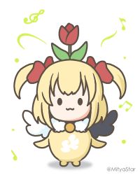 Rule 34 | 1girl, :3, asymmetrical wings, black wings, blonde hair, bow, chibi, closed mouth, commentary request, eighth note, flower, flower on head, hair bow, looking at viewer, marl (shironeko project), mismatched wings, mitya, musical note, red bow, red flower, shadow, shironeko project, simple background, solid circle eyes, solo, treble clef, tulip, twitter username, two side up, white background, white wings, wings