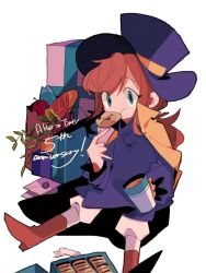 Rule 34 | 1girl, a hat in time, blue headwear, blue pupils, blue shirt, brown footwear, brown hair, cape, card, coffee, cookie, eating, english text, food, hat kid, long hair, nasubeen, pants, shirt, simple background, tan skirt, white pants, yellow cape