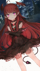 Rule 34 | 1girl, absurdres, advarcher, ahoge, araka luto, blunt bangs, butterfly hair ornament, butterfly ornament, choker, cleavage cutout, clothing cutout, crossed arms, demon girl, demon tail, demon wings, dress, elbow gloves, flat chest, frilled dress, frills, gloves, hair ornament, head wings, highres, long hair, low wings, moon, pointy ears, prism project, red eyes, red hair, red wings, sleeveless, sleeveless dress, solo, striped, tail, vertical stripes, virtual youtuber, wings