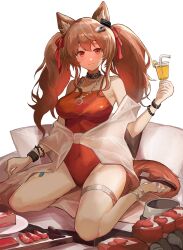 Rule 34 | 1girl, angelina (arknights), angelina (summer flower) (arknights), animal ear fluff, animal ears, arknights, bad hands, blush, breasts, brown hair, cake, cake slice, commentary, couch, cup, cushion, drinking straw, earpiece, food, fox ears, fox girl, fox tail, glass, gradient hair, grapefruit, grapefruit slice, highres, holding, holding cup, infection monitor (arknights), jewelry, large breasts, long hair, looking at viewer, multicolored hair, multiple bracelets, necklace, official alternate costume, one-piece swimsuit, plate, red eyes, red hair, red one-piece swimsuit, ruyu (txzy22), sandals, sidelocks, smile, solo, swimsuit, swimsuit cover-up, tail, thigh strap, twintails