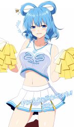 Rule 34 | 1girl, blue eyes, blue hair, blush, breasts, cheerleader, clothes writing, commentary request, commission, crop top, drill hair, drill sidelocks, hair ornament, hair rings, hair stick, half-closed eyes, highres, holding, holding pom poms, kaku seiga, large breasts, looking at viewer, midriff, navel, parted lips, pom pom (cheerleading), pom poms, rise (rise19851203), shirt, sidelocks, simple background, skeb commission, skirt, smile, solo, touhou, unfinished, white background, white shirt, white skirt