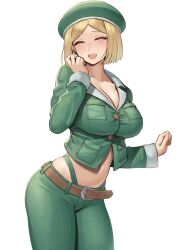 Rule 34 | 1girl, aged up, alternate universe, belt, beret, blonde hair, blush, breasts, cleavage, closed eyes, collarbone, cropped jacket, fate/grand order, fate (series), green hat, green jacket, green panties, green pants, hat, highleg, highleg panties, highres, jacket, large breasts, learning with manga! fgo, long sleeves, midriff, navel, open mouth, panties, pants, parted bangs, paul bunyan (fate), ranma (kamenrideroz), short hair, smile, solo, thighs, tight clothes, tight pants, underwear