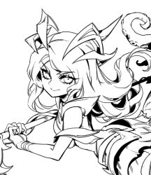 Rule 34 | 1girl, bare shoulders, breasts, closed mouth, coven nami, from side, greyscale, holding, holding staff, league of legends, long hair, looking at viewer, medium breasts, monochrome, monster girl, nami (league of legends), official alternate costume, phantom ix row, scylla, simple background, smile, solo, staff, tentacles, white background