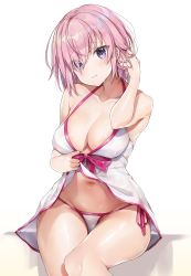 Rule 34 | 1girl, absurdres, bad id, bad twitter id, bare shoulders, bikini, blush, breasts, cleavage, clothes lift, collarbone, dress, dress lift, dress swimsuit, fate/grand order, fate (series), hair over one eye, hand in own hair, highres, large breasts, lifting own clothes, light purple hair, looking at viewer, mash kyrielight, mash kyrielight (swimsuit of perpetual summer), navel, official alternate costume, parted lips, purple eyes, short hair, simple background, sitting, smile, solo, swimsuit, thighs, white background, white bikini, yayoichi (yoruyoru108)