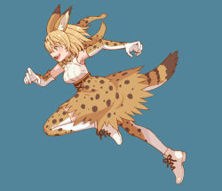 Rule 34 | 1girl, animal ears, animal print, arm up, armpits, bare shoulders, blonde hair, blouse, blue background, bow, bowtie, brown eyes, elbow gloves, extra ears, floating hair, from side, full body, gloves, graphite (medium), hand up, high-waist skirt, kemono friends, knee up, lace, looking afar, medium skirt, open mouth, outstretched leg, print bow, print bowtie, print gloves, print neckwear, print skirt, print thighhighs, running, scarf, serval (kemono friends), serval print, serval tail, shirt, shoes, simple background, skirt, sleeveless, sleeveless shirt, smile, solo, striped tail, tail, tanuki koubou, teeth, thighhighs, traditional bowtie, traditional media, upper teeth only, v-shaped eyebrows, white shirt, zettai ryouiki