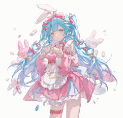 Rule 34 | 1girl, absurdres, animal ears, apron, belt, belt collar, blue hair, bow, breasts, collar, commentary, cowboy shot, detached sleeves, dress, fake animal ears, frilled apron, frilled cuffs, frilled skirt, frills, grey eyes, hair bow, hair ornament, hairclip, hands up, heart, heart hair, heart hair ornament, heart tattoo, highres, index fingers together, long hair, long sleeves, looking at viewer, low-tied long hair, mechari, nail polish, open mouth, original, pill, pink bow, pink dress, pink nails, pointy ears, puffy sleeves, rabbit ears, simple background, skirt, small breasts, solo, symbol-only commentary, tattoo, thigh strap, two side up, white apron, white background, yellow bow