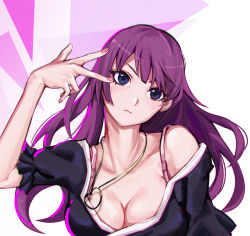Rule 34 | 1girl, bakemonogatari, black dress, blue eyes, bra strap, breasts, chromatic aberration, cleavage, closed mouth, collarbone, commentary, dress, encore, english commentary, eyelashes, frilled sleeves, frills, hand up, head tilt, heart, heart necklace, highres, jewelry, long hair, looking at viewer, medium breasts, monogatari (series), nail polish, necklace, off shoulder, purple hair, senjougahara hitagi, shadow, short sleeves, sidelocks, solo, upper body, v