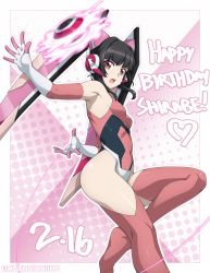 Rule 34 | 1girl, absurdres, arm behind back, armpits, bare shoulders, black hair, breasts, chuunioniika, covered navel, elbow gloves, gloves, happy birthday, highres, open mouth, pink gloves, pink thighhighs, purple eyes, senki zesshou symphogear, small breasts, solo, thighhighs, tsukuyomi shirabe, twitter username, yo-yo