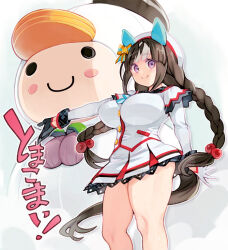 Rule 34 | 1girl, animal ears, beret, bouncing breasts, braid, breasts, commentary request, gloves, hair ornament, hat, hokko tarumae (umamusume), horse ears, horse tail, large breasts, long braid, long hair, looking at viewer, mascot, purple eyes, ryoji (nomura ryouji), smile, tail, thick thighs, thighs, tomachop, translation request, twin braids, umamusume, white background