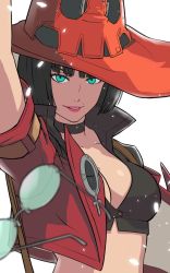 Rule 34 | 1girl, arc system works, black hair, breasts, cleavage, green eyes, guilty gear, guilty gear strive, hat, i-no, large breasts, lipstick, makeup, midriff, mole, mole above mouth, witch hat