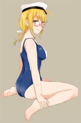 Rule 34 | 10s, 1girl, ass, bad id, bad twitter id, blonde hair, full body, glasses, hat, i-8 (kancolle), kantai collection, low twintails, ojipon, one-piece swimsuit, school swimsuit, simple background, sitting, solo, swimsuit, twintails, wariza