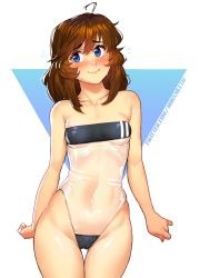 Rule 34 | 1girl, arm at side, arm behind back, bare arms, bare legs, bare shoulders, blue eyes, blush, breasts, brooke (mleth), brown hair, collarbone, commentary, covered navel, english commentary, eyebrows hidden by hair, freckles, gris swimsuit, hair between eyes, highres, long hair, looking at viewer, meme attire, mleth, neck, nervous smile, one-piece swimsuit, original, see-through, see-through swimsuit, small breasts, smile, solo, standing, strapless, strapless one-piece swimsuit, swimsuit, translucent, twitter username, underwear