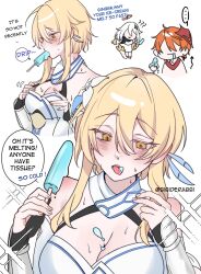 Rule 34 | 1boy, 2girls, absurdres, blonde hair, blush, breasts, chibi, cleavage, dress, drooling, english text, flower, food, food in mouth, genshin impact, hair flower, hair ornament, highres, holding, holding food, holding popsicle, lumine (genshin impact), mask, mask on head, medium breasts, melting, multiple girls, orange hair, paimon (genshin impact), popsicle, popsicle in mouth, short hair, silva shiro, simple background, speech bubble, tartaglia (genshin impact), white background, white dress, white hair, yellow eyes