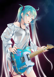 Rule 34 | 1girl, alternate costume, aqua eyes, aqua hair, aqua nails, black background, black bra, bra, breasts, cable, cigarette, cleavage, collared shirt, commentary, cowboy shot, dress shirt, ear piercing, electric guitar, fender telecaster, gradient hair, guitar, hair between eyes, hair ornament, hamada youho, hatsune miku, head tilt, holding, holding instrument, instrument, lips, long hair, looking at viewer, medium breasts, multicolored hair, music, nail polish, no pants, off shoulder, piercing, playing instrument, see-through, shirt, silver hair, simple background, smoke, smoking, solo, sports bra, straight hair, striped clothes, striped shirt, thighs, twintails, two-tone hair, underwear, vertical-striped clothes, vertical-striped shirt, vocaloid, white shirt