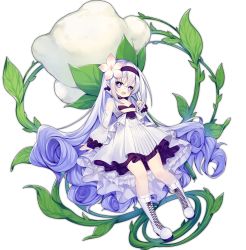 Rule 34 | 1girl, ao jun, ark order, bare shoulders, blue bra, blue choker, blue eyes, blue hair, blue hairband, boots, bra, choker, cotton boll, cross-laced footwear, dress, flat chest, flower, flower-shaped pupils, flower choker, full body, gradient hair, hair flower, hair ornament, hairband, holding, holding plant, leaf, long hair, long sleeves, looking at viewer, multicolored hair, official art, pink flower, plant, puffy long sleeves, puffy sleeves, shirt, sidelocks, solo, symbol-shaped pupils, tachi-e, thumbelina (ark order), transparent background, underwear, very long hair, white dress, white footwear, white shirt