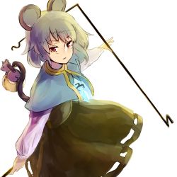 Rule 34 | 1girl, animal ears, annoyed, bad id, bad twitter id, basket, capelet, dowsing rod, green hair, highres, jewelry, long sleeves, looking at viewer, mouse (animal), mouse ears, mouse tail, nazrin, necklace, nuqura, outstretched arms, red eyes, short hair, simple background, skirt, skirt set, smile, solo, tail, touhou, white background