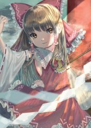 Rule 34 | 1girl, ascot, bow, brown eyes, brown hair, detached sleeves, frilled bow, frills, gohei, hair bow, hair tubes, hakurei reimu, highres, light smile, looking to the side, parted lips, petarikooo, red bow, ribbon-trimmed sleeves, ribbon trim, solo, touhou