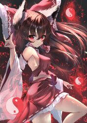 Rule 34 | 1girl, absurdres, animal ears, armpits, bow, breasts, brown hair, detached sleeves, dfra, fox ears, fox shadow puppet, hair bow, hakurei reimu, highres, kemonomimi mode, large breasts, long hair, looking at viewer, nontraditional miko, orb, red bow, red eyes, red skirt, ribbon-trimmed skirt, ribbon trim, sideboob, sidelocks, skirt, solo, thighs, touhou, wide sleeves, yin yang, yin yang orb