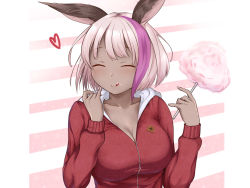 Rule 34 | 1girl, :q, blush, breasts, chloe (granblue fantasy), closed mouth, collarbone, commentary, cotton candy, dark-skinned female, dark skin, english commentary, erune, closed eyes, food, food on face, granblue fantasy, heart, highres, holding, holding food, hood, hoodie, large breasts, long sleeves, multicolored hair, pink hair, short hair, smile, solo, streaked hair, striped, striped background, tongue, tongue out, upper body, yua (11113754)