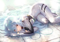 Rule 34 | 1girl, ayanami rei, blue hair, bodysuit, breasts, day, gloves, hair between eyes, highres, long hair, looking at viewer, lying, neon genesis evangelion, on floor, on side, outdoors, parted lips, plugsuit, red eyes, shirataki jiro, small breasts, solo, stone floor, sunlight, very long hair, white bodysuit, white gloves