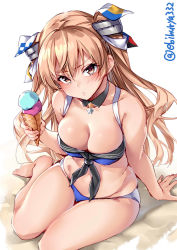 Rule 34 | 1girl, adapted costume, arm support, bikini, black neckwear, blue bikini, blush, breasts, brown eyes, brown hair, cleavage, collarbone, detached collar, ebifurya, food, hair tie, highres, holding, holding food, ice cream, johnston (kancolle), kantai collection, looking at viewer, medium breasts, navel, parted lips, sailor collar, simple background, sitting, solo, swimsuit, twintails, twitter username, two side up, white background