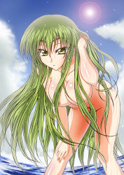 Rule 34 | 1girl, ass, bad id, bad pixiv id, blue sky, breasts, c.c., cleavage, cloud, code geass, collarbone, colored eyelashes, completely nude, day, eyebrows, eyes visible through hair, green hair, hand in own hair, hand on own knee, hanging breasts, hip focus, horizon, legs, lens flare, long hair, looking at viewer, medium breasts, navel, nude, ocean, parted lips, shiny skin, sky, solo, sparkle, stomach, sun, sunlight, thighs, very long hair, wading, water, water drop, wet, yama yuuji, yellow eyes