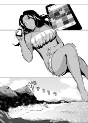 Rule 34 | 1girl, absurdres, akamura saki, cellphone, comic, dark-skinned female, dark skin, facepaint, greyscale, hand on own stomach, handheld game console, highres, listening to music, monochrome, nintendo ds, original, phone, smartphone, solo, textless version, translation request