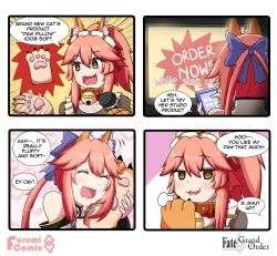 Rule 34 | 4koma, alternate costume, animal ear fluff, animal ears, animal hands, apron, bare shoulders, bell, blue kimono, blue ribbon, blush, cat paws, closed eyes, collar, collarbone, comic, detached sleeves, english text, enmaided, fang, fate/grand order, fate (series), fox ears, fox girl, gloves, hair ribbon, highres, japanese clothes, jingle bell, keita naruzawa, kimono, left-to-right manga, looking at another, maid, maid apron, maid headdress, microphone, neck bell, open mouth, paw gloves, pink hair, ponytail, red ribbon, ribbon, speech bubble, tamamo (fate), tamamo cat (fate), tamamo cat (second ascension) (fate), tamamo no mae (fate/extra), television, yellow eyes