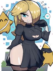 Rule 34 | 1girl, 2others, absurdres, black dress, black gloves, black thighhighs, blonde hair, blue eyes, breasts, cleavage, cosplay, cowboy shot, dress, female focus, gloves, hair over one eye, highres, large breasts, looking at viewer, luma (mario), mario (series), multiple others, nier:automata, nier (series), nintendo, outdoors, puffy short sleeves, puffy sleeves, rosalina, shiny skin, short sleeves, standing, super mario galaxy, thick thighs, thighhighs, thighs, tony welt, wide hips, 2b (nier:automata)