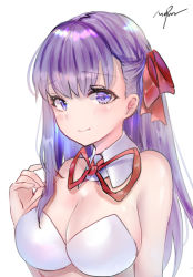 Rule 34 | 10s, 1girl, bb (fate), bb (fate/extra), blush, bra, breasts, cleavage, closed mouth, collar, detached collar, fate/extra, fate/extra ccc, fate (series), hair ribbon, half updo, large breasts, long hair, looking at viewer, mirutu, neck ribbon, purple eyes, purple hair, red ribbon, ribbon, signature, simple background, smile, solo, strapless, strapless bra, underwear, upper body, white background, white bra, white collar