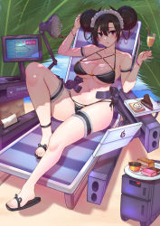 Rule 34 | 1girl, agent (girls&#039; frontline), anklet, arm strap, bare shoulders, beach, beach chair, bikini, black bikini, black footwear, black hair, blush, bracelet, breasts, cake, cameltoe, chair, cleavage, collarbone, cup, dessert, double bun, drink, drinking straw, earrings, food, full body, girls&#039; frontline, gun, hair between eyes, hand fan, hand on own head, headgear, highres, holding, holding cup, jewelry, knee up, large breasts, leaf, logo, maid headdress, monitor, navel, outdoors, pao mian+dan, parted lips, red eyes, sandals, sangvis ferri, shade, short hair, sitting, sitting on object, solo, spoon, swimsuit, thigh strap, underboob, water, weapon