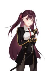 Rule 34 | 1girl, absurdres, black gloves, black jacket, black pantyhose, blush, braid, closed mouth, codename696, feet out of frame, french braid, girls&#039; frontline, gloves, hair ribbon, highres, jacket, long hair, long sleeves, looking at viewer, necktie, pantyhose, purple hair, red eyes, red necktie, ribbon, shirt, side ponytail, solo, standing, wa2000 (girls&#039; frontline), white background, white shirt