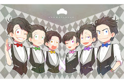 Rule 34 | 10s, 6+boys, :&lt;, :d, alternate eye color, alternate hairstyle, black hair, blue eyes, bow, bowtie, brothers, copyright name, formal, green eyes, grin, heart, heart in mouth, male focus, matsuno choromatsu, matsuno ichimatsu, matsuno jyushimatsu, matsuno karamatsu, matsuno osomatsu, matsuno todomatsu, money gesture, multiple boys, nightcat, one eye closed, open mouth, osomatsu-kun, osomatsu-san, pink eyes, purple eyes, red eyes, sextuplets, sharp teeth, siblings, sleeves rolled up, smile, teeth, traditional bowtie, upper body, waistcoat, watch, wristwatch, yellow eyes