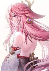 Rule 34 | 1girl, back, bare shoulders, breasts, closed mouth, commentary request, coyucom, detached sleeves, from behind, genshin impact, highres, large breasts, long hair, looking at viewer, looking back, pink hair, pixiv id, purple eyes, simple background, solo, twitter username, upper body, white background, yae miko