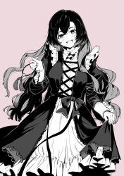 Rule 34 | 1girl, :d, bead bracelet, beads, bow, bracelet, breasts, clothes lift, commentary request, cross-laced clothes, dress, dress lift, fingernails, frills, hijiri byakuren, holding, jewelry, large breasts, layered clothes, lifted by self, long hair, long sleeves, looking at viewer, monochrome, multicolored hair, nun, open mouth, pink background, sidelocks, simple background, smile, standing, syuri22, tassel, touhou, two-tone hair