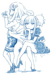 Rule 34 | 2girls, aoki hagane no arpeggio, bbb (friskuser), blue theme, blunt bangs, choker, commentary request, crossed legs, crystal, dress, elbow rest, floating, grin, hair ornament, hairclip, high heels, highres, hyuuga (aoki hagane no arpeggio), kongou (aoki hagane no arpeggio), lab coat, long hair, long sleeves, looking at viewer, monochrome, monocle, multiple girls, pencil skirt, puffy short sleeves, puffy sleeves, sharp teeth, short sleeves, sidelocks, sitting, skirt, smile, standing, teeth, thighhighs, twintails