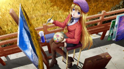 Rule 34 | 1girl, :d, beret, black ribbon, black skirt, blonde hair, blue eyes, boots, breasts, brown footwear, brown thighhighs, canvas (object), chair, color guide, corn field, fence, field, full body, hat, highres, holding, ilolamai, knee boots, long sleeves, looking at viewer, looking up, medium breasts, open mouth, original, paintbrush, painting (action), painting (object), palette (object), purple hat, ribbon, shadow, shirt, sitting, skirt, smile, solo, striped clothes, striped shirt, suitcase, sunlight, thighhighs, vertical-striped clothes, vertical-striped shirt, zettai ryouiki