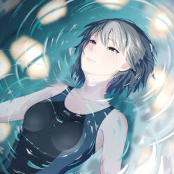 Rule 34 | 1girl, amagami, bare shoulders, black one-piece swimsuit, blue one-piece swimsuit, bob cut, breasts, closed mouth, collarbone, competition swimsuit, crying, crying with eyes open, grey eyes, grey hair, highres, lips, nanasaki ai, one-piece swimsuit, oshizu, partially submerged, short hair, small breasts, swimsuit, tears, two-tone one-piece swimsuit, two-tone swimsuit, upper body, water