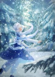 Rule 34 | 1girl, blue dress, blue skirt, branch, closed eyes, dress, footprints, forest, highres, leaf, letty whiterock, long sleeves, medium hair, nature, open mouth, pine tree, plant, ribbon, ribbon trim, scarf, shee take, shirt, skirt, snow, snowflakes, snowing, solo, touhou, tree, white hair, white headwear, white ribbon, white scarf, white shirt