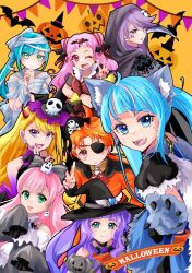 Rule 34 | 1boy, 6+girls, :p, animal ears, animal hands, aqua eyes, bandaged head, bandages, bat (animal), black cloak, blue eyes, blue hair, blue shirt, bow, braid, braided bangs, chain, cloak, closed mouth, clothing cutout, commentary, cone hair bun, cropped shirt, cure butterfly, cure majesty, cure moonlight, cure prism, cure sky, cure spicy, cure wing, cure yell, cut bangs, delicious party precure, demon horns, detached sleeves, double bun, dress, earrings, ellee-chan, english text, eyepatch, fang, fangs, french braid, fur-trimmed shirt, fur trim, fuwa kokone, ghost earrings, ghost hair ornament, gloves, green eyes, grey bow, grey dress, hair bow, hair bun, hair ornament, hair ribbon, halloween, halloween costume, halterneck, hand to own mouth, hat, hat ornament, heartcatch precure!, highres, hijiri ageha, hirogaru sky! precure, holding sickle, horns, hugtto! precure, in-franchise crossover, jack-o&#039;-lantern, jewelry, long hair, long sleeves, looking at viewer, magical girl, manekineko5319, multicolored hair, multiple girls, mummy costume, navel, nijigaoka mashiro, nono hana, open mouth, orange hair, orange shirt, own hands together, paw gloves, pink eyes, pink hair, precure, puffy detached sleeves, puffy sleeves, purple eyes, purple hair, red eyes, red ribbon, ribbon, shirt, short sleeves, shoulder cutout, sickle, skull earrings, skull hair ornament, skull hat ornament, sleeves past fingers, sleeves past wrists, smile, sora harewataru, streaked hair, string of flags, tongue, tongue out, tsukikage yuri, twintails, two side up, v, wing hat ornament, witch hat, yuunagi tsubasa