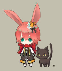 Rule 34 | 1boy, animal ears, arch bishop (ragnarok online), black bow, black cat, black footwear, black gloves, blue eyes, bow, cat, chibi, closed mouth, commentary request, cropped jacket, cross, cross necklace, crown, expressionless, fingerless gloves, flower, full body, gloves, grey background, hair between eyes, hair bow, hair flower, hair ornament, jacket, jewelry, kusabi (aighe), long bangs, long sleeves, looking at viewer, male focus, medium hair, mini crown, necklace, pants, pink hair, rabbit ears, ragnarok online, shoes, simple background, solo, standing, white flower, white jacket, white pants