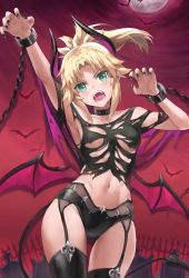 Rule 34 | 1girl, arm up, armpits, bare shoulders, black thighhighs, blonde hair, braid, breasts, collarbone, demon girl, demon horns, demon wings, duplicate, fate/apocrypha, fate (series), french braid, green eyes, halloween costume, highres, horns, long hair, looking at viewer, mordred (fate), mordred (fate/apocrypha), navel, open mouth, parted bangs, ponytail, sidelocks, small breasts, solo, teeth, thighhighs, thighs, tonee, wings