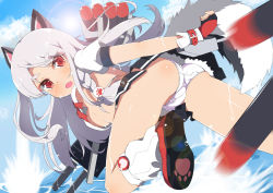 Rule 34 | 1girl, absurdres, animal ears, ass, azur lane, badge, black skirt, blue sky, braid, breasts, button badge, cloud, day, fang, fingerless gloves, gloves, hair ornament, highres, leg up, lens flare, loose socks, miniskirt, no bra, open mouth, outdoors, panties, paw print, pleated skirt, puffy short sleeves, puffy sleeves, red eyes, rigging, short sleeves, side braid, sideboob, silver hair, single braid, skirt, sky, socks, solo, tail, thick eyebrows, torpedo, turret, underwear, water, white panties, wolf ears, wolf tail, yuimari, yuudachi (azur lane)