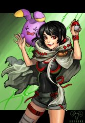 Rule 34 | 10s, 1girl, absurdres, bad id, bad pixiv id, black hair, breasts, cloak, creatures (company), game freak, gen 3 pokemon, grin, highres, holding, holding poke ball, large breasts, lips, nintendo, poke ball, poke ball (basic), pokemon, pokemon (creature), pokemon oras, red eyes, short hair, short ponytail, shorts, smile, so yoon g, solo focus, thigh strap, thighhighs, whismur, wristband, zinnia (pokemon)