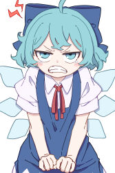 Rule 34 | 1girl, absurdres, blue bow, blue dress, blue eyes, blue hair, blush stickers, bow, cirno, clenched teeth, collared shirt, dress, fairy, hair bow, highres, ice, ice wings, kame (kamepan44231), looking at viewer, one-hour drawing challenge, pinafore dress, shirt, short hair, short sleeves, simple background, sleeveless, sleeveless dress, solo, tears, teeth, touhou, white background, white shirt, wings